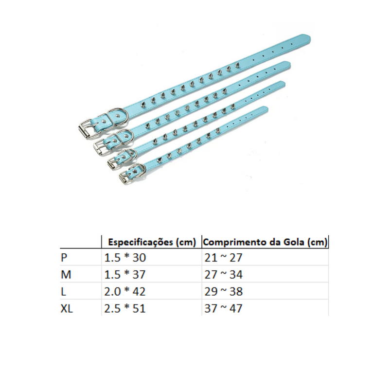 Coleira Colar Pet Couro com Spikes Cravejado para Cachorros
