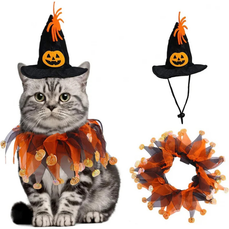 Fantasia de Halloween para Pets Chapéu e Coleira Ajustáveis em Estilo Abóbora