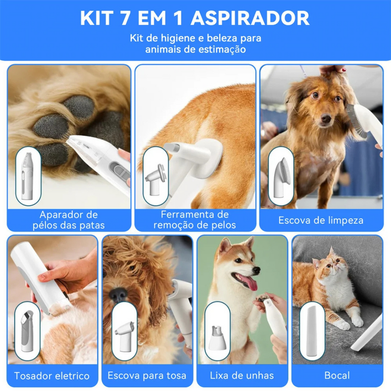 Kit Aspirador de Pelos para Cachorros com 11 Acessórios Banho e Tosa Pet Shop