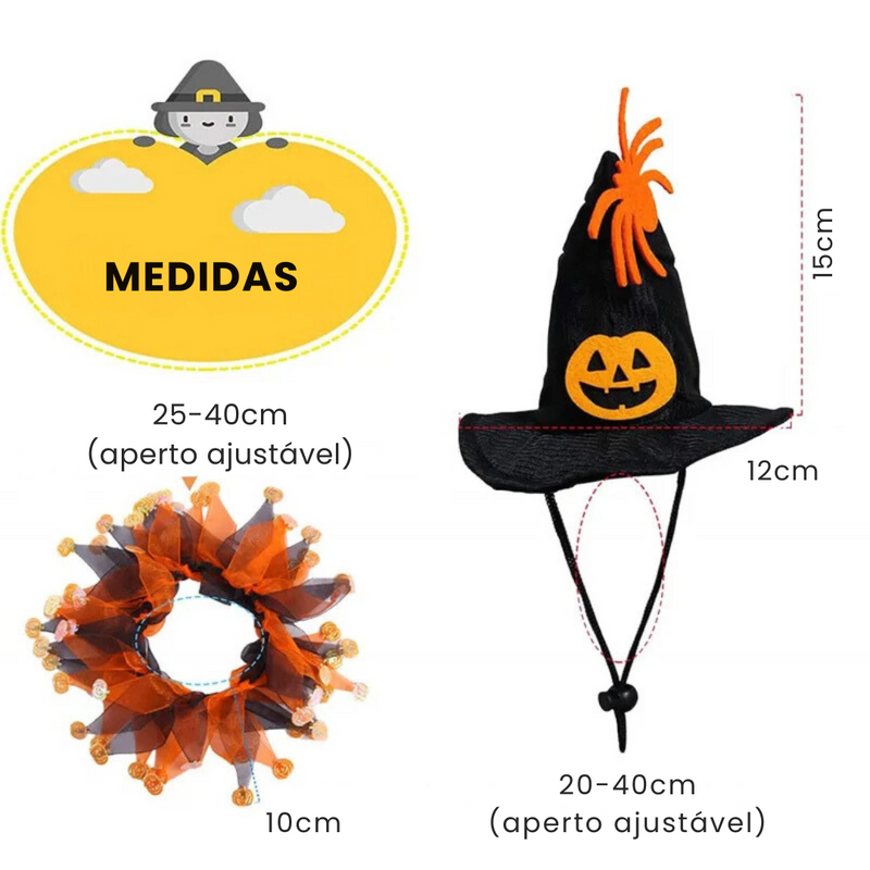 Fantasia de Halloween para Pets Chapéu e Coleira Ajustáveis em Estilo Abóbora